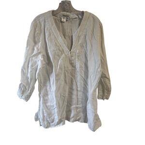 Coldwater Creek Linen Tunic Top White V-Neck 3/4‎ Sleeve Embroidered Women XL